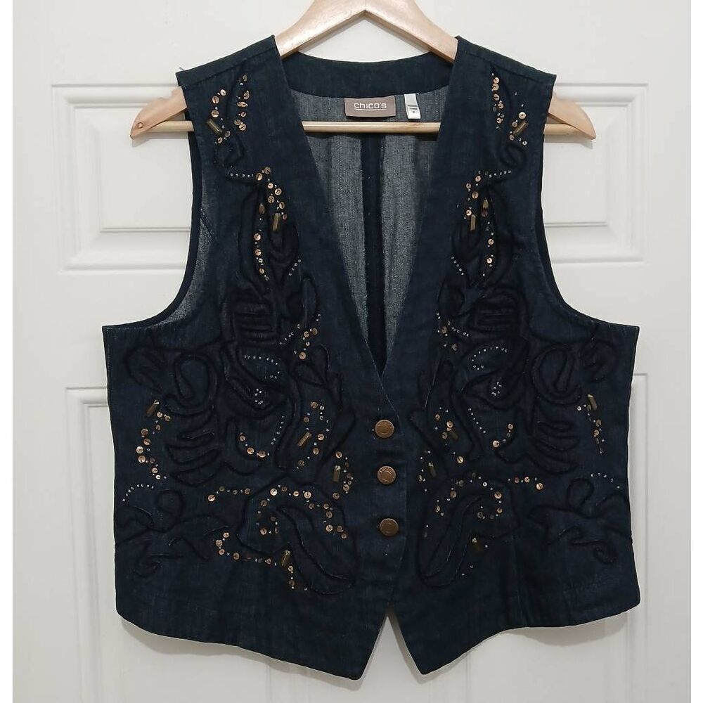 Chicos womens large indigo blue denim jeans art to wear vest